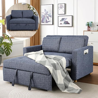 SEJOV Convertible Sofa Bed, 3-in-1 Sleeper Sofa Pull Out Couch Bed, 2-Seater Linen Fabric Loveseat Futon with Spring Support, Adjustable Backrest for Small Spaces, Living Room, Navy Blue