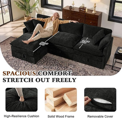 Ihanherry 103" Modular Sectional Sofa with Storage, L Shaped Cloud Couch with Movable Ottomans & 4 Pillows, Chenille Deep Seat Sectional Couches for Living Room, Apartment (Black)