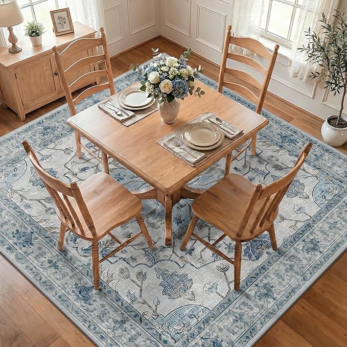 RELEANY Area Rugs Square 7ft Washable Non-Slip, Floral Vintage Distress Medallion Carpet for Living Room Bedroom Dining Room, Light Blue Navy Gray White