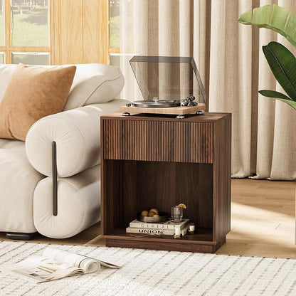 Fluted Nightstands Set of 2, Modern Bedside Table with Drawer and Storage Shelf, Wood End Table Mid Century Night Stands for Bedroom Living Room Sofa Couch Office (Walnut)