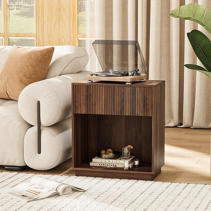 Fluted Nightstands Set of 2, Night Stand with Charging Station, Modern Bed Side Table with Drawer and Storage Shelf, Wood Mid Century End Table for Bedroom Living Room (Walnut)
