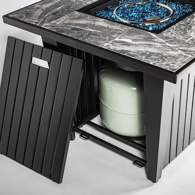 32" Propane Gas Fire Pit Table, 50,000 BTU Square Outdoor Fire Pit with Ceramic Tile Top & Glass Wind Guard, Steel Patio Fire Table with Lid, Blue Glass Beads & Rain Cover, Gray