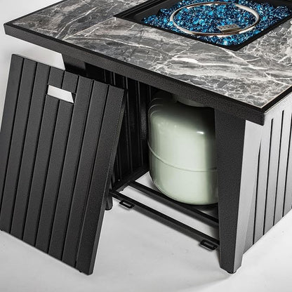 32" Propane Gas Fire Pit Table, 50,000 BTU Square Outdoor Fire Pit with Ceramic Tile Top & Glass Wind Guard, Steel Patio Fire Table with Lid, Blue Glass Beads & Rain Cover, Gray