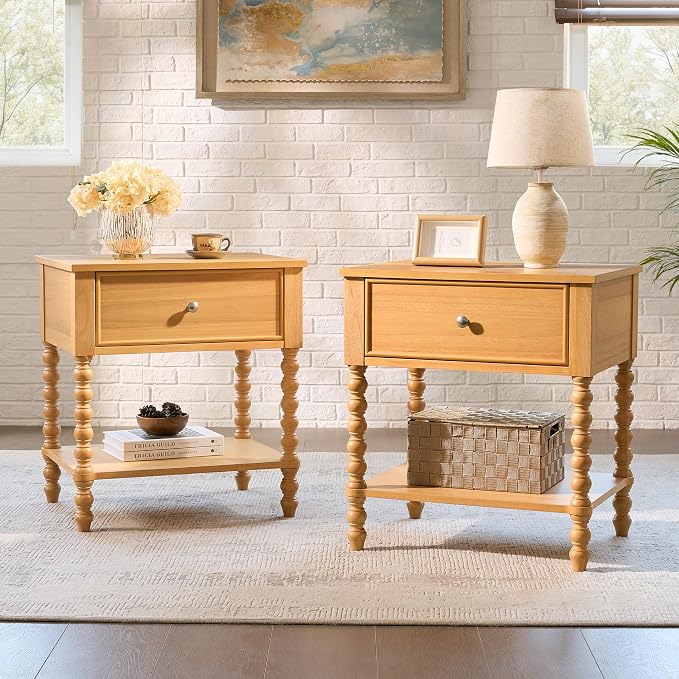 AMERLIFE 3 Piece King Bedroom Set, Solid Wood Platform Bed Frame & Nightstand Set of 2, Mid Century Modern Wooden Bedroom Furniture Set, No Box Spring, Noise-Free, Natural