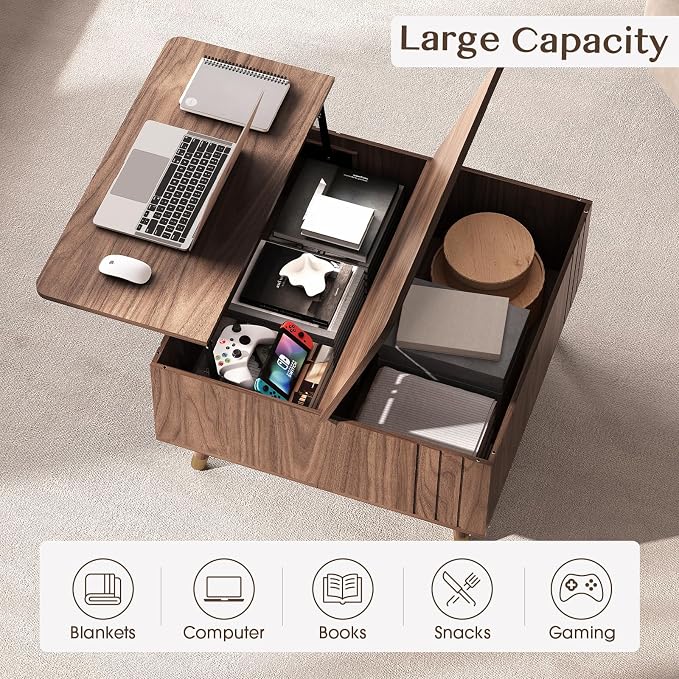 Square Coffee Table with Lift-Top & Flip-Top Storage, 36" Functional Modern Accent Center Table with Solid Wood Legs, Rustic Walnut Coffee Tables for Living Room Small Space or Office
