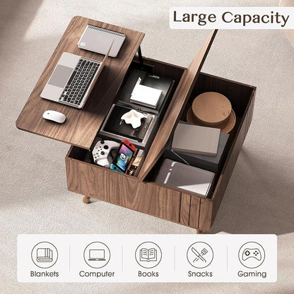 Square Coffee Table with Lift-Top & Flip-Top Storage, 36" Functional Modern Accent Center Table with Solid Wood Legs, Rustic Walnut Coffee Tables for Living Room Small Space or Office