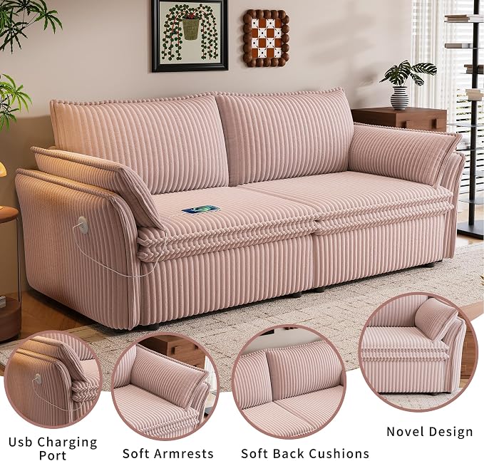 85'' Sofa Bed Full Size, Tool-Free Assembly, 3 in 1 Convertable Sleeper Sofa, Corduroy Couches with Pull Out Bed, USB & Storage, Modern Loveseat for Small Space, Living Room, Corduroy Pink