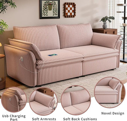85'' Sofa Bed Full Size, Tool-Free Assembly, 3 in 1 Convertable Sleeper Sofa, Corduroy Couches with Pull Out Bed, USB & Storage, Modern Loveseat for Small Space, Living Room, Corduroy Pink