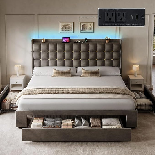 DWVO King Size Bed Frame with 3 Storage Drawers and RGB LED Lights, Velvet Upholstered Bed with Charging Station and Storage Headboard, No Box Spring Needed, Easy Assembly, Noise-Free, Grey