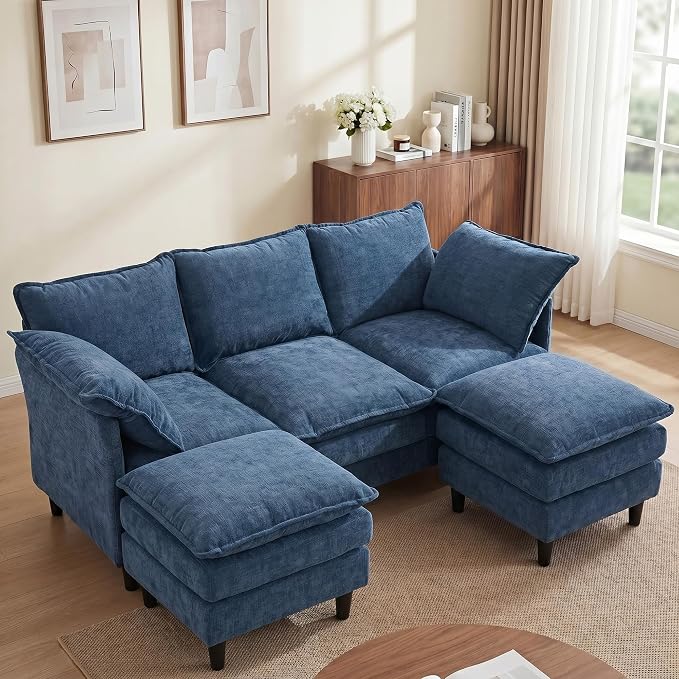 3 Seater U-Shape Couch Sofa with Ottomans, 69" Small Couch Modern Comfy Cloud Sofa with 23" Deep Washable Pillow ChenilleCover Couches for Living Room Bedroom Apartment Office 69-Blue-U