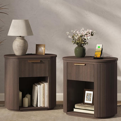 Fluted Nightstands Set of 2 with Charging Station, 23.6" Large Bedside Side Table, Wood End Table with Storage, Curved Round Corner, Furniture Bedroom Sofa, Mid Century Modern, Vintage Boho, Walnut