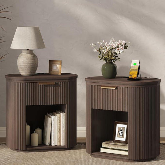 Fluted Nightstands Set of 2 with Charging Station, 23.6" Large Bedside Side Table, Wood End Table with Storage, Curved Round Corner, Furniture Bedroom Sofa, Mid Century Modern, Vintage Boho, Walnut