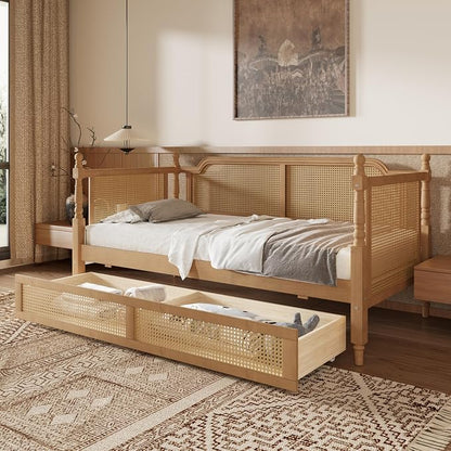 Merax Full Bedframe with 2 Storage Drawers & Footboard, Vintage Wooden Daybed Platform Bed with Natural Rattan Headboard, Noise-Free, No Box Spring Needed, Antique Walnut