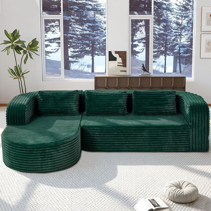 Hobestluk Modular Sectional Sofa Couches L-Shape Couch 3 Seat Modular Sofa Memory Foam Sectional Couches for Living Room, Cloud Couch (Round Green, 96", Left Hand Facing)