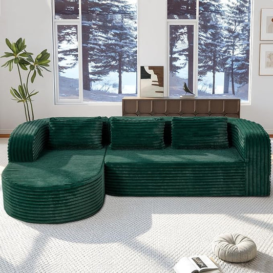 Hobestluk Modular Sectional Sofa Couches L-Shape Couch 3 Seat Modular Sofa Memory Foam Sectional Couches for Living Room, Cloud Couch (Round Green, 96", Left Hand Facing)