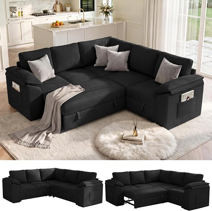 85 Inch Sectional Sleeper Sofa Bed with Pull Out Couch, U Shaped 5 Seat Cloud Modular Sectional Sofa with Storage, Corduroy Sectional Couches for Living Room, Removable Sofa Cover, Dark Grey