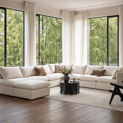 Cloud Modular Hosting Sectional, Oversized Deep Seat Comfort, Linen Blend | Fully Removable Washable Covers, Memory Foam Seat Cushions, Storage Ottoman, Premium Fabric