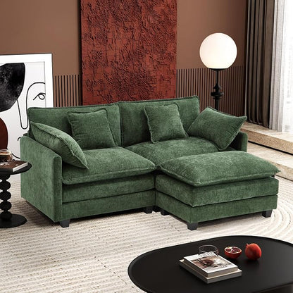Ihanherry 77" L Shaped Modern Sofa Modular Sectional Cloud Couch with Ottoman, 3-Seat Chenille Deep Seat Sofa with Pillow for Living Room, Bedroom and Apartment, Green