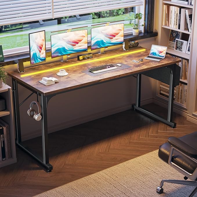 DurayLoly 63" Home Office Desk with LED Lights,Computer Desk for 2 Monitors or 2 laptops,Spacious Under-Desktop for Study Writing Work Gaming Desk,Sturdy Metal Frame,Bedroom,Rustic Brown
