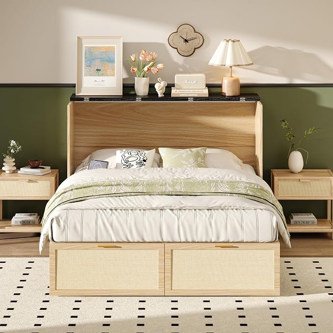 VINGLI Full Size Rattan Murphy Bed with Storage Drawer,2 Charging Station, Boho,Hideaway Paltform Panel Bed for Small Spaces,Guest Room,Office,Apartment, Space-Saving Cabinet Bed,Oak White