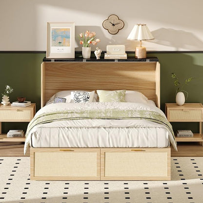 VINGLI Full Size Rattan Murphy Bed with Storage Drawer,2 Charging Station, Boho,Hideaway Paltform Panel Bed for Small Spaces,Guest Room,Office,Apartment, Space-Saving Cabinet Bed,Oak White