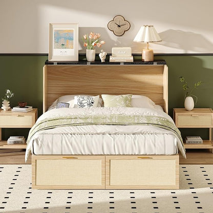 VINGLI Queen Size Rattan Murphy Bed with Storage Drawer,2 Charging Station, Boho,Hideaway Paltform Panel Bed for Small Spaces,Guest Room,Office,Apartment, Space-Saving Cabinet Bed,Oak White