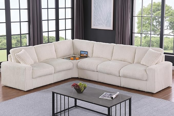 Ball & Cast 116" Oversized Modular Sectional Sofa,Large Corduroy Upholstered Couch L-Shaped 7 Seat with Movable Ottoman & 2 Pillows,Comfty Sectionals W/Cup Holders & USB Ports,for Living Room,Beige