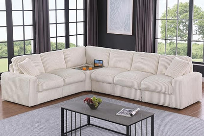 Ball & Cast 116" Oversized Modular Sectional Sofa,Large Corduroy Upholstered Couch L-Shaped 7 Seat with Movable Ottoman & 2 Pillows,Comfty Sectionals W/Cup Holders & USB Ports,for Living Room,Beige