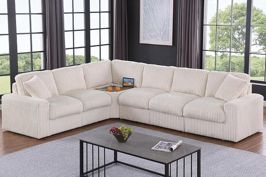 Ball & Cast 116" Oversized Modular Sectional Sofa,Large Corduroy Upholstered Couch L-Shaped 7 Seat with Movable Ottoman & 2 Pillows,Comfty Sectionals W/Cup Holders & USB Ports,for Living Room,Beige