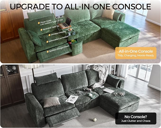 138.6'' Oversized Power Recliner Sofa with Headrest, Modular Cloud Sectional Couch with Convertible Table, Charging, Drawer, Cup Holder, 4-Seater with Storage Ottoman, Chenille, Green