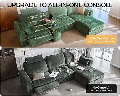 138.6'' Oversized Power Recliner Sofa with Headrest, Modular Cloud Sectional Couch with Convertible Table, Charging, Drawer, Cup Holder, 4-Seater with Storage Ottoman, Chenille, Green