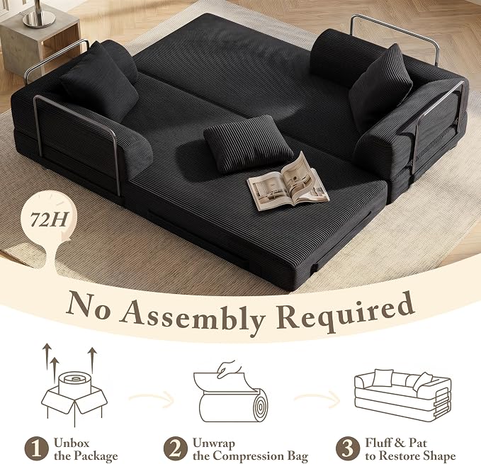 Living&Giving 89" Cloud Boneless Convertible Sofa Bed, 5-in-1 Foldable Compressed High-Density Sponge Sofa, Corduroy Fabric 3 Seater Sleeper Couch Futon Daybed for Living Room Bedroom (Black)