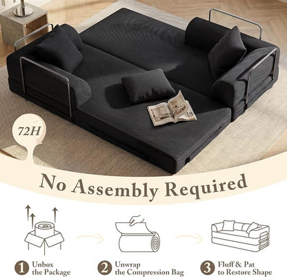 Living&Giving 89" Cloud Boneless Convertible Sofa Bed, 5-in-1 Foldable Compressed High-Density Sponge Sofa, Corduroy Fabric 3 Seater Sleeper Couch Futon Daybed for Living Room Bedroom (Black)