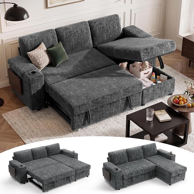Vipbear Premium 86" Modular Sectional Sleeper Sofa, 3 Seat Chenille Sleeper Sofa with Pull Out Bed for Living Room, L Shaped Couch with Storage Chaise&Armrests|USB Ports|Cup Holders|Side Table, Grey
