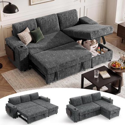 Vipbear Premium 86" Modular Sectional Sleeper Sofa, 3 Seat Chenille Sleeper Sofa with Pull Out Bed for Living Room, L Shaped Couch with Storage Chaise&Armrests|USB Ports|Cup Holders|Side Table, Grey
