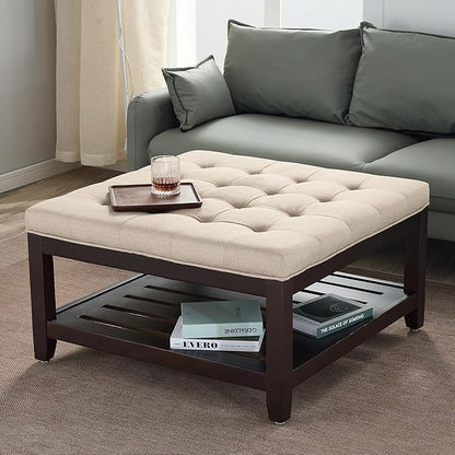 adochr 33'' Large Square Ottoman Coffee Table with Storage, Upholstered Button Tufted Footrest Ottoman with Solid Wooden Tray,Coffee Table for Living Room, Light Brown