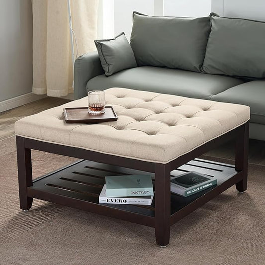 adochr 33'' Large Square Ottoman Coffee Table with Storage, Upholstered Button Tufted Footrest Ottoman with Solid Wooden Tray,Coffee Table for Living Room, Light Brown