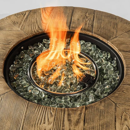 GDFStudio 30" Round Propane Fire Pit Table, 50000 BTU Outdoor Gas Heater with Faux Wood Grain Top & Glass Beads, for Patio Deck Garden Backyard, Black