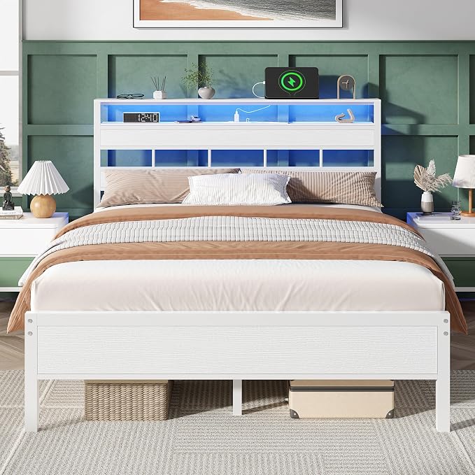 Furnulem Queen Bed Frame with Storage Headboard and LED Lights, Metal Bedframe with Charging Station and USB Port, Queen Size Platform Bed with Heavy Duty Slats, No Box Spring Needed, White