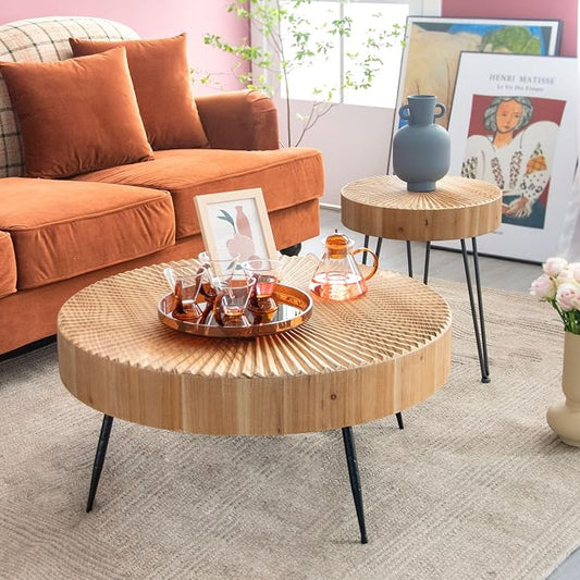 COZAYH 2-Piece Round Nesting Coffee Table Set, Natural Wood Top with Black Metal Legs, Radial Pattern – Rustic Farmhouse Accent for Living Room or Bedroom – Space-Saving Modern Furniture
