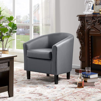 Topeakmart Leather Accent Chair, Modern and Comfy Faux Leather Barrel Chair, Upholstered Club Chair with Wooden Legs for Living Room Bedroom, Gray, 2PCS