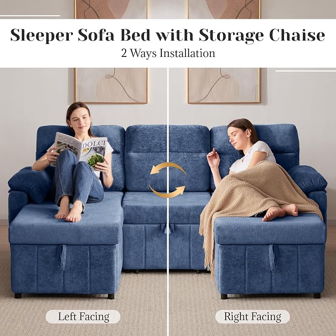 Tbfit 80'' Sleeper Sofa Bed, 3 in 1 Cloud Pull Out Sofa Couch with USB & Storage Chaise, Chenille Convertible Sofa Bed with Pull Out Bed, Couches for Living Room, Apartment, Office, Blue