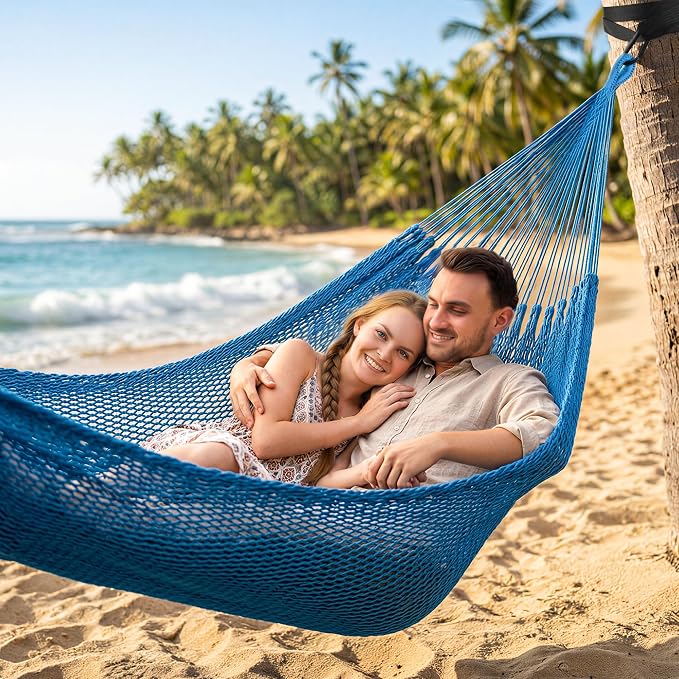 SUNCREAT Hammocks Double Rope Hammock, Outdoor Hanging Tree Hammock, Blue