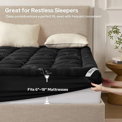 BEDLORE King Mattress Topper Viscose Derived from Bamboo, Thick Pillow Top Mattress Pad with Stretchable Pockets for 6"-18" Mattress, Soft Breathable Mattress Topper for Back Pain Relief(Black)