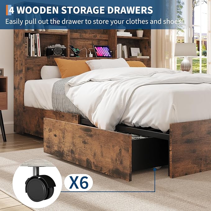 GarveeHome King Size Bed Frame with High Storage Bookcase Headboard, Wood Bed Frame with 4 Storage Drawers, Built in Charging Station, No Box Spring Needed, Metal Frame, Noise-Free, Vintage Brown