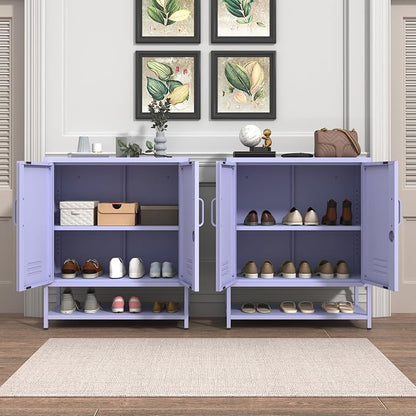 Three Tier Metal Shoe Cabinet for Home use Featuring Adjustable Shelves Multifunctional Two Door Storage Cabinet Suitable for entryways and hallways Purple Size: 13.8" D x 29.5" W x 33" H