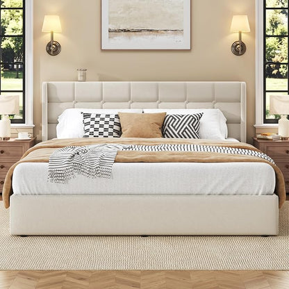 HISOFT King Size Lift Up Storage Bed Frame, Linen Upholstered Platform Bed with Wingback Headboard, Heavy Duty Hydraulic Gas Lift Underbed Space, Reinforced Full Metal Slats, Noise Free, Light Beige