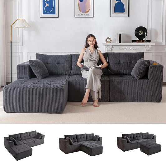 MAXYOYO Modular Sectional Sofa Couch, L Shaped Modern Cloud Couch with Ottoman, Sofa in A Box, Tufted 4-Seat Boneless Sleeper Chair for Living Room, No Assembly Required, Grey