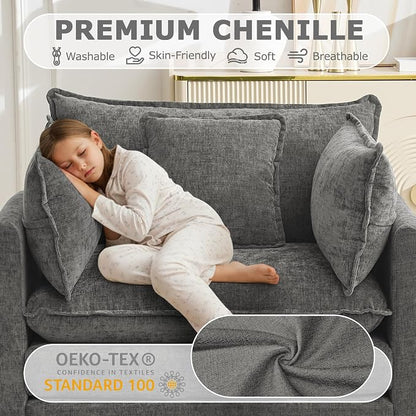 Modular Sectional Sofa Cloud Couch, Deep Seat Washable Chenille Fabric Sofa with Throw Pillows, Singel Seat Modern Couches for Living Room Bedroom Apartment, Grey