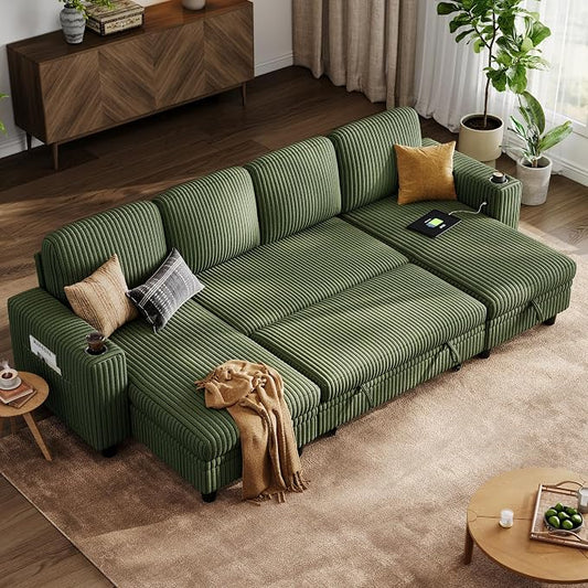 LINSY HOME Pull Out Sofa Bed Sectional Sleeper Sofa with Storage, Plush Corduroy Pullout Modular Sectional Couches for Living Room, U Shaped Convertible Couch Bed for Apartment (Green)